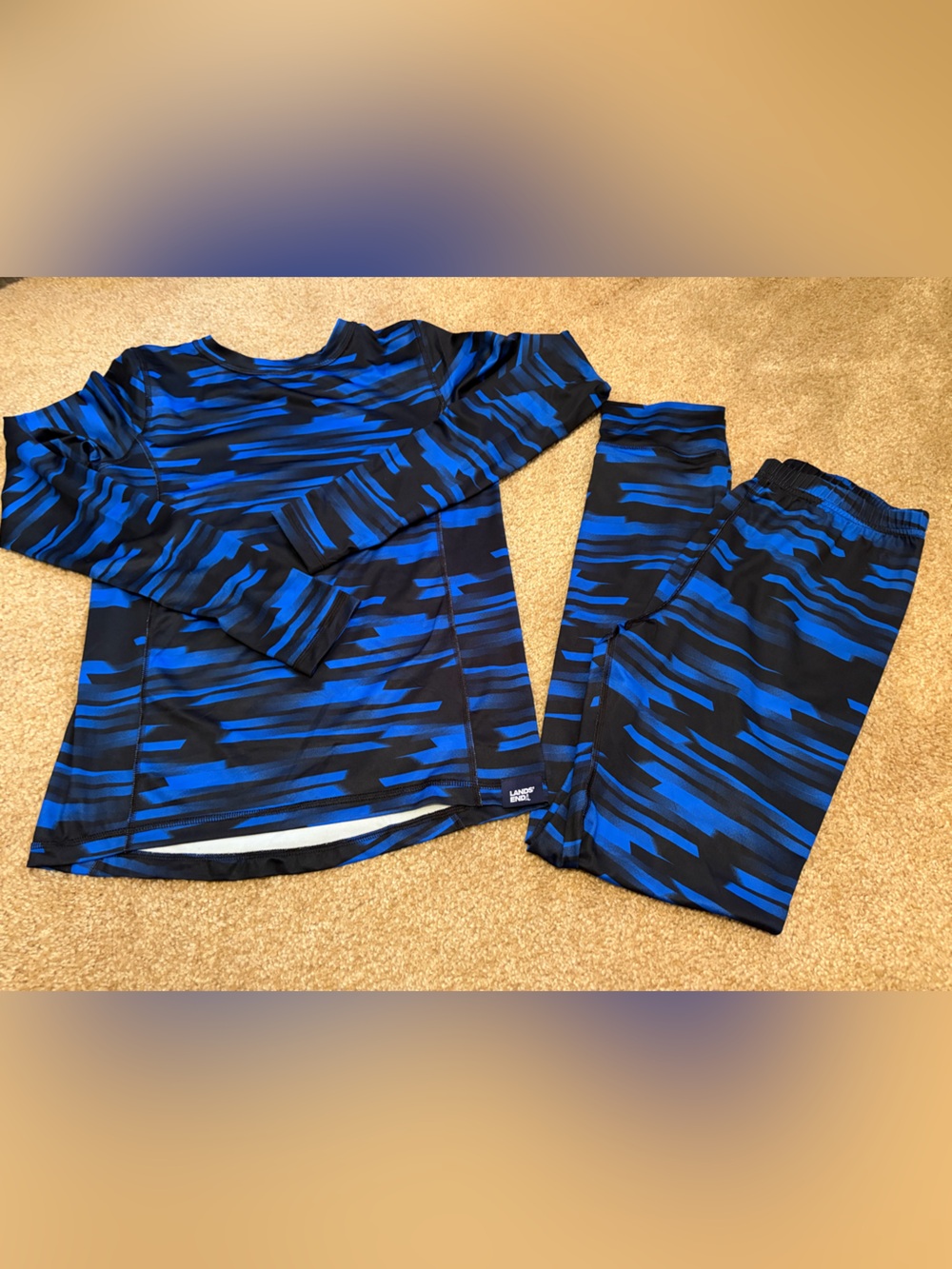 Lands' End Blue & Black Striped Kids base layer set. Size 14/16